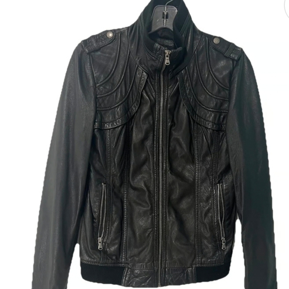 Vintage Y2K Guess Leather Bomber Jacket Sz. Large Black Butter Soft Leather
